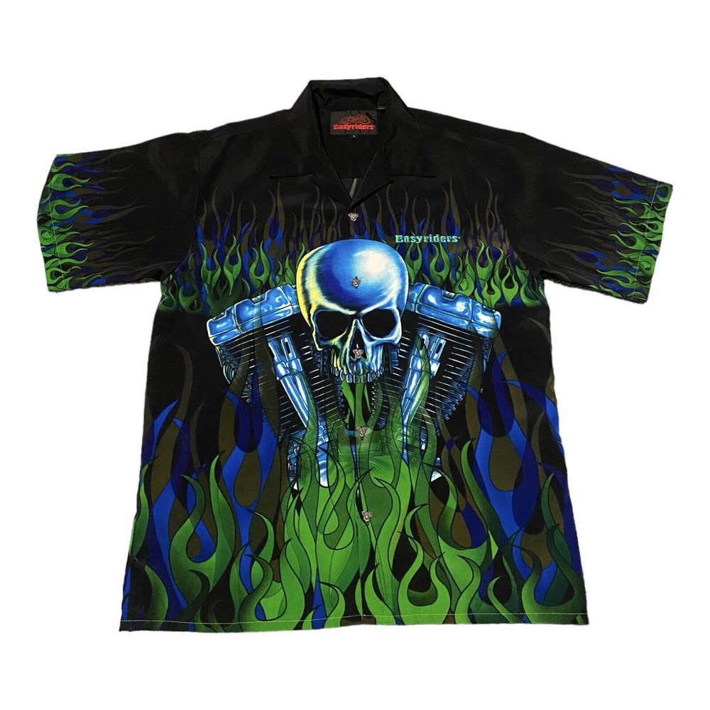 Easyriders Button Up Shirt Men’s Size Large Skull & Bones GreenBlue Black